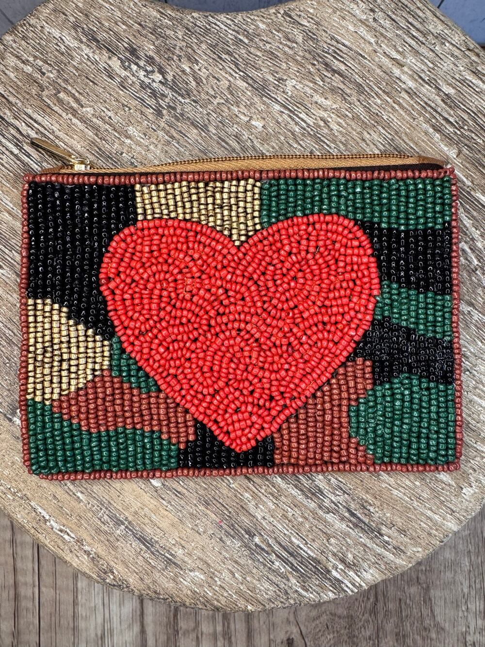 Beaded Coin Purse Camo Red Heart Wallet Travel Pouch Womens Accessories